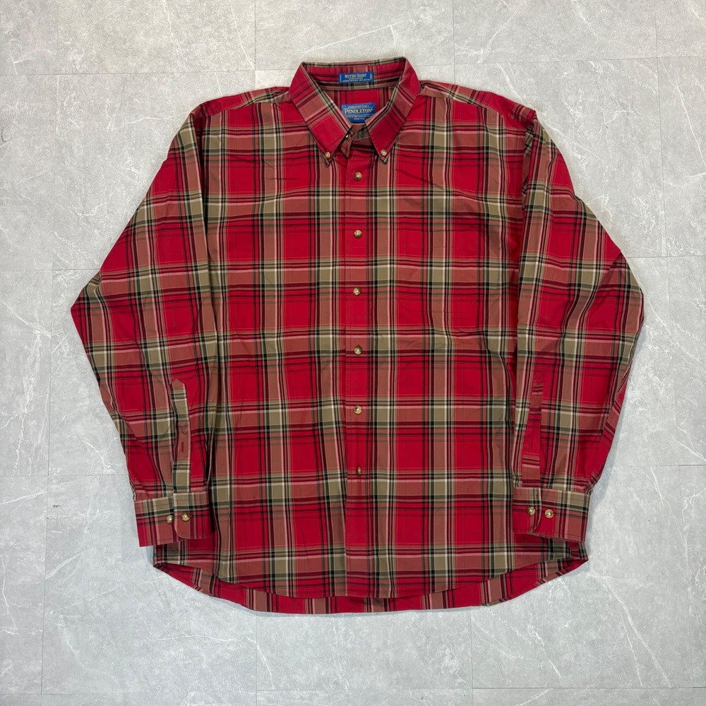 Pendleton Metro Shirt Mens XL Red Plaid Long Sleeve Button Down Cotton 4694